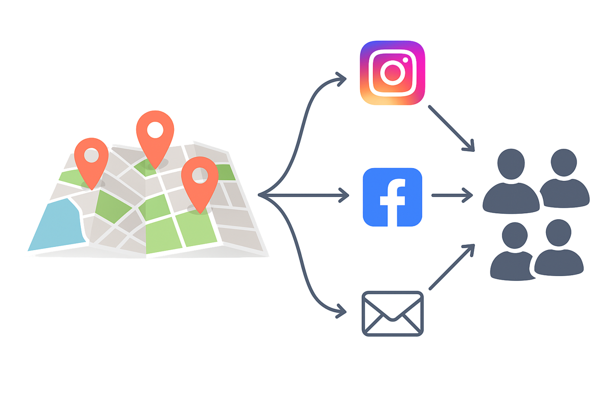Map selection turning into a clean contact list and multi-channel outreach